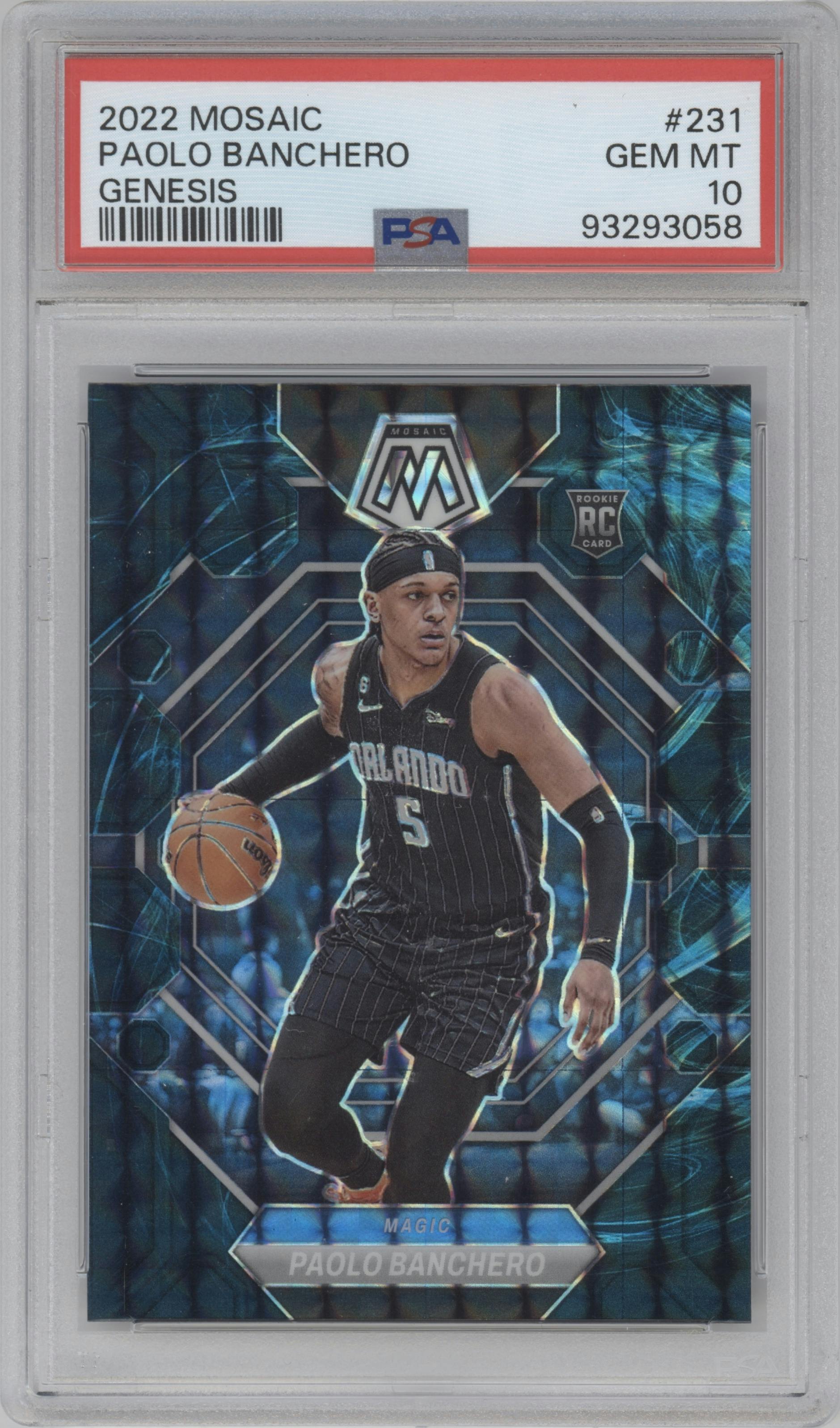 Paolo Banchero from the 2022-23 Panini Mosaic set featuring a Genesis parallel graded by PSA and given an overall grade of 10.