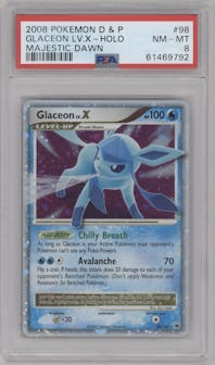 Glaceon Lv.X from the 2008 Pokemon D&P set graded by PSA and given an overall grade of 8.