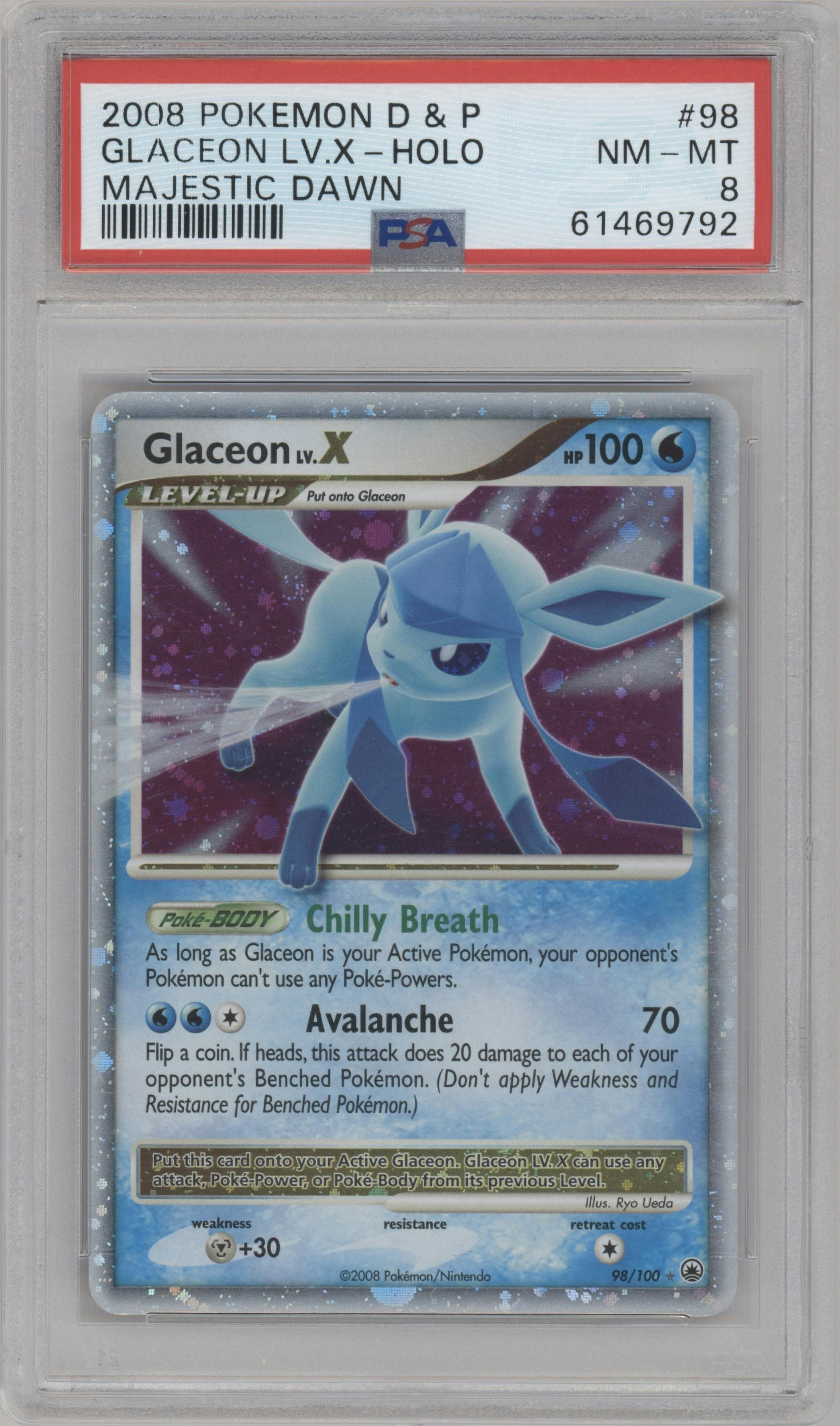 Glaceon Lv.X from the 2008 Pokemon D&P set graded by PSA and given an overall grade of 8.