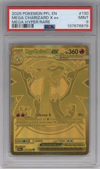 Mega Charizard X ex from the 2025 Pokemon Mega Evolution set featuring a Mega Hyper Rare parallel graded by PSA and given an overall grade of 9.