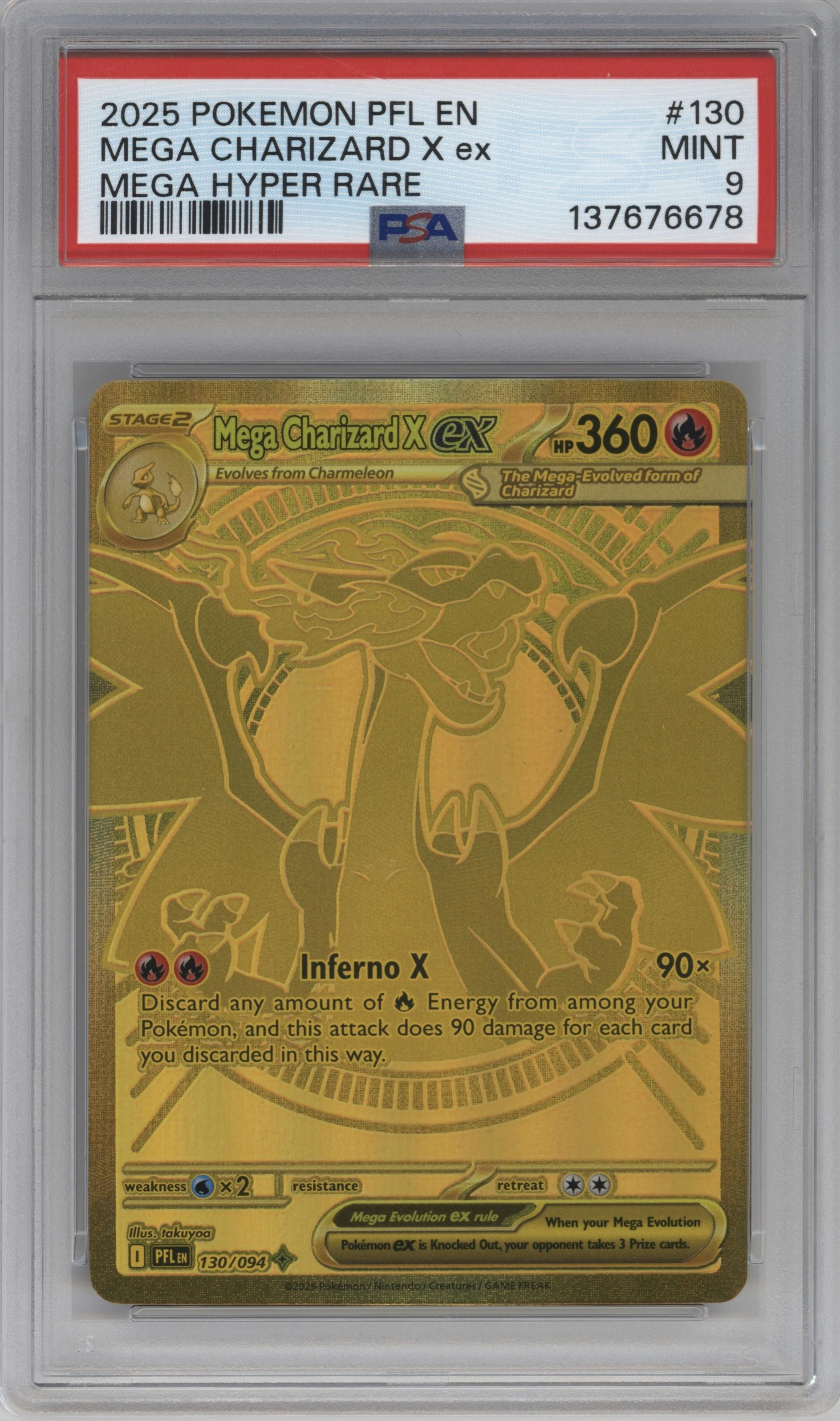 Mega Charizard X ex from the 2025 Pokemon Mega Evolution set featuring a Mega Hyper Rare parallel graded by PSA and given an overall grade of 9.