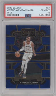 Victor Wembanyama from the 2023-24 Panini Select  set featuring a Blue Retail parallel graded by PSA and given an overall grade of 10.
