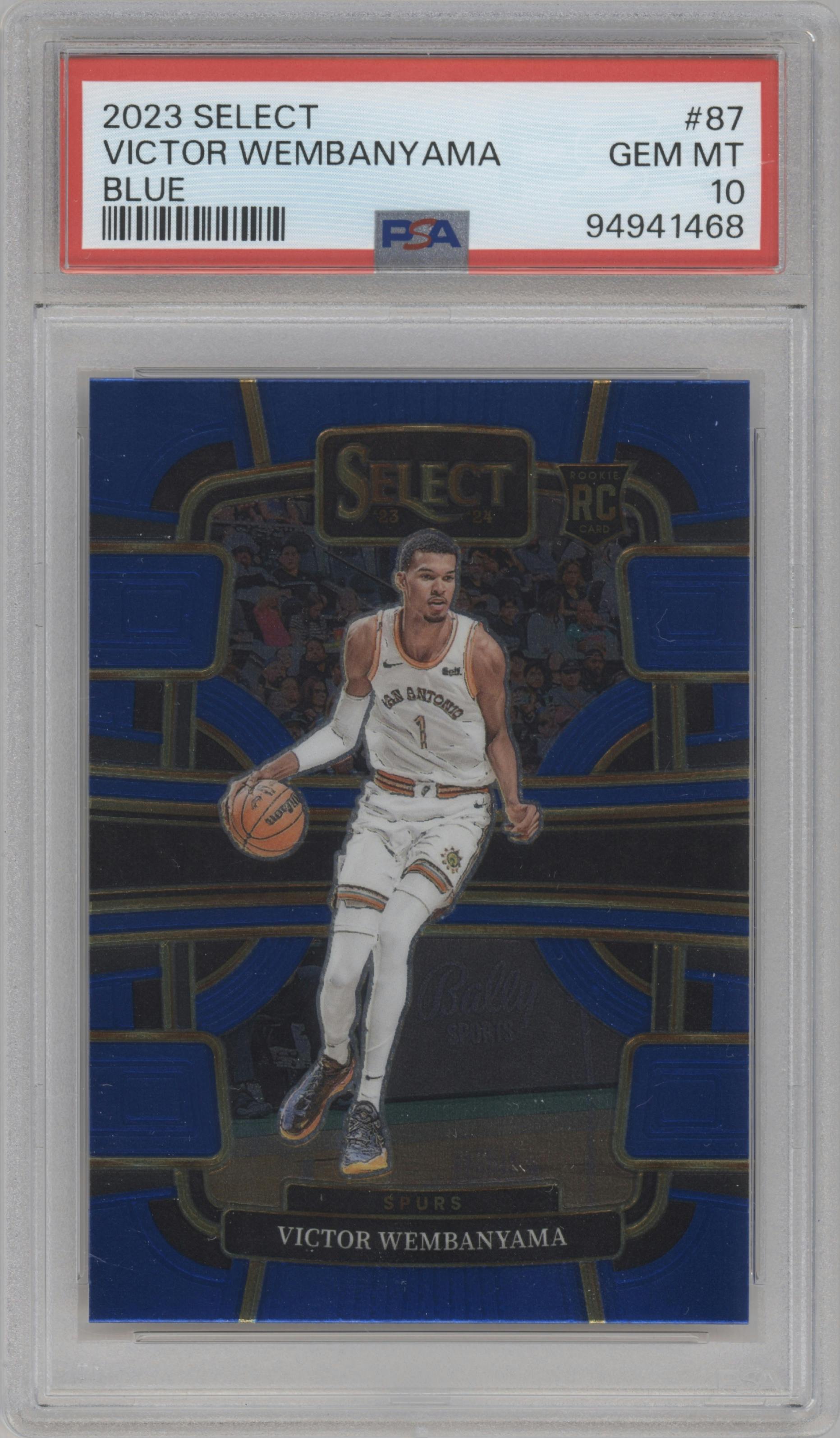 Victor Wembanyama from the 2023-24 Panini Select  set featuring a Blue Retail parallel graded by PSA and given an overall grade of 10.