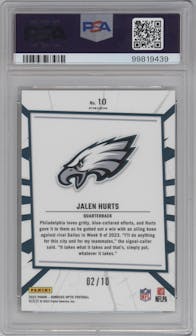 Jalen Hurts from the 2023 Donruss Optic set featuring a Gold parallel graded by PSA and given an overall grade of 9.