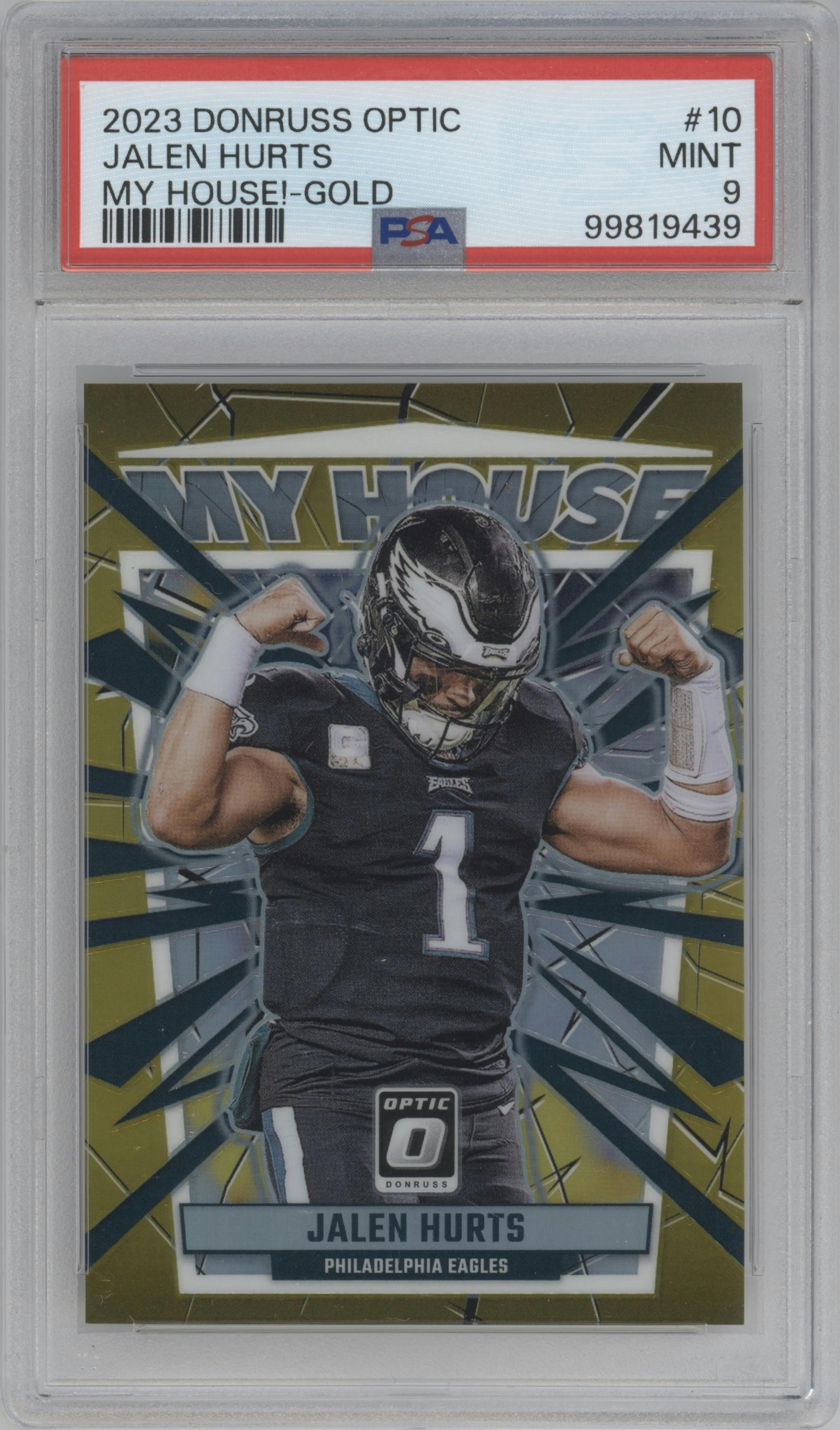 Jalen Hurts from the 2023 Donruss Optic set featuring a Gold parallel graded by PSA and given an overall grade of 9.