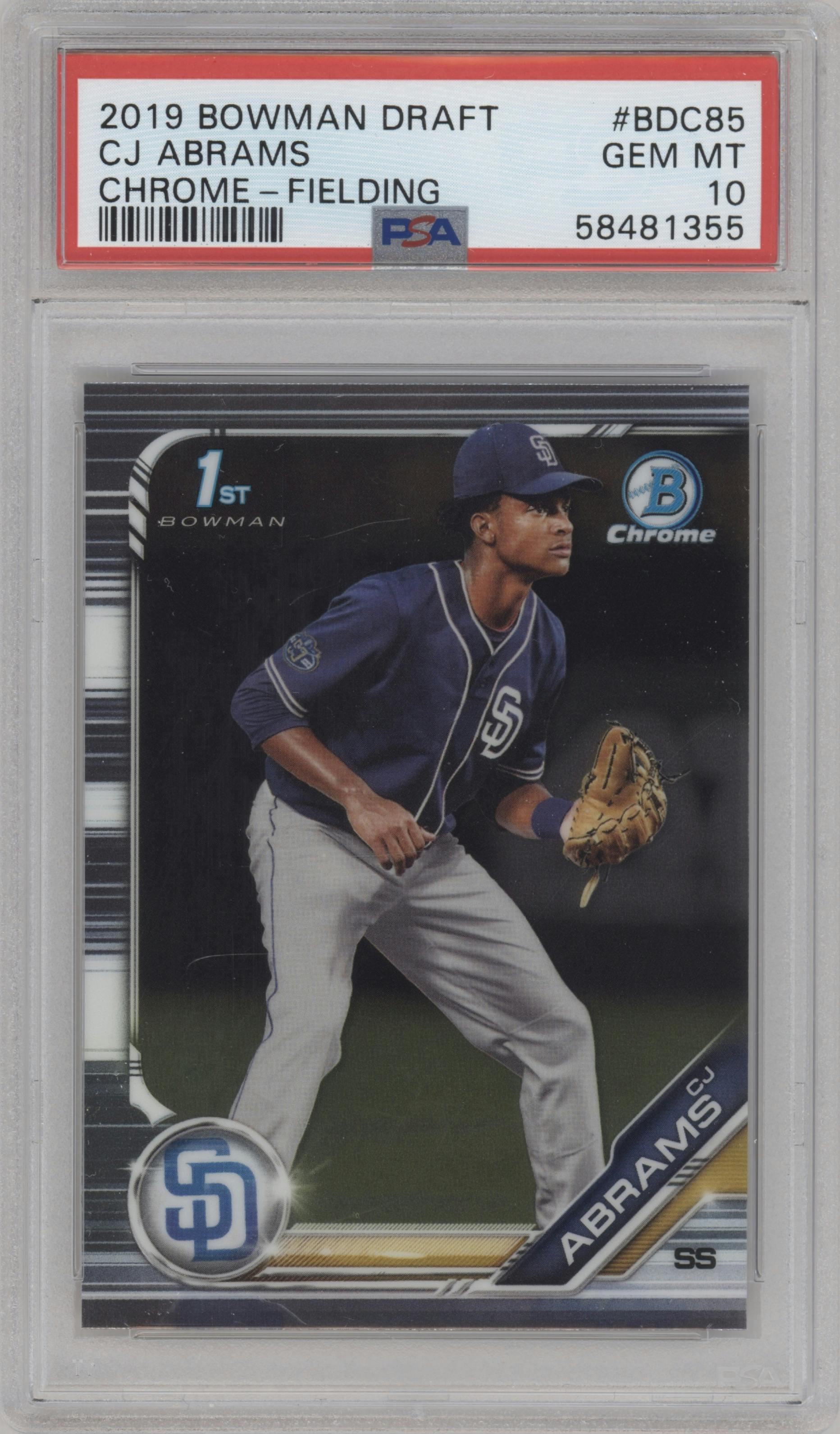 CJ Abrams from the 2019 Bowman Draft set graded by PSA and given an overall grade of 10.