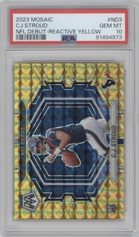 C.J. Stroud  from the 2023 Panini Mosaic set featuring a Reactive Yellow parallel graded by PSA and given an overall grade of 10.