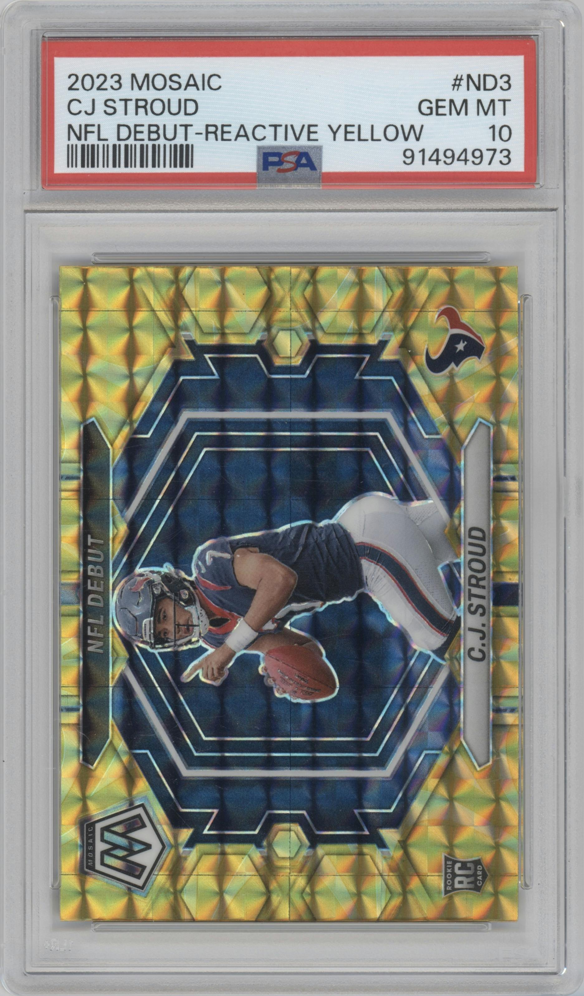 C.J. Stroud  from the 2023 Panini Mosaic set featuring a Reactive Yellow parallel graded by PSA and given an overall grade of 10.
