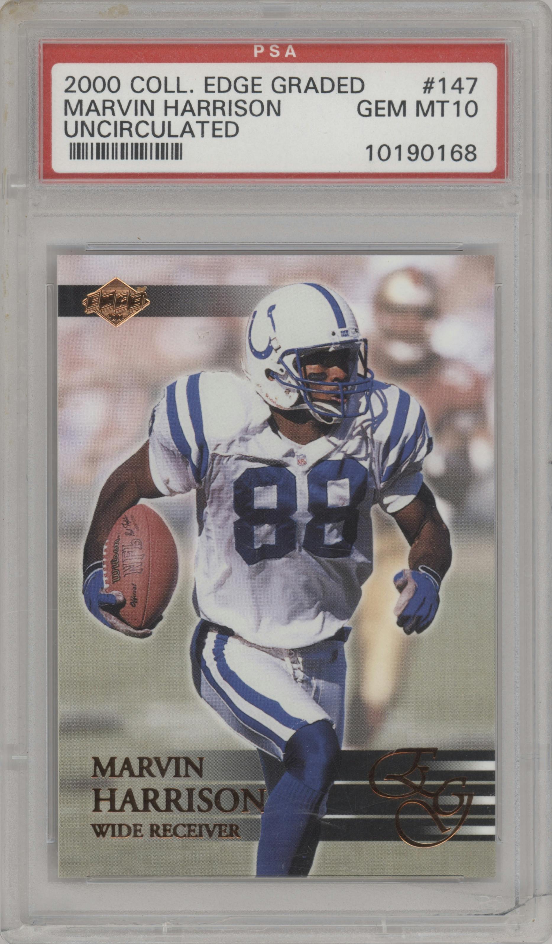 Marvin Harrison  from the 2000 Collector's Edge EG set featuring a Uncirculated parallel graded by PSA and given an overall grade of 10.
