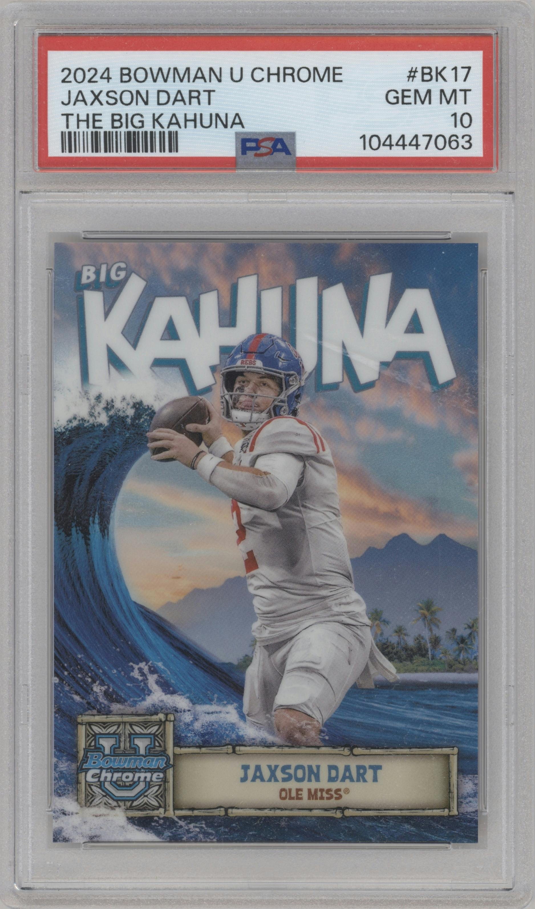 Jaxson Dart from the 2024 Bowman University Chrome set graded by PSA and given an overall grade of 10.