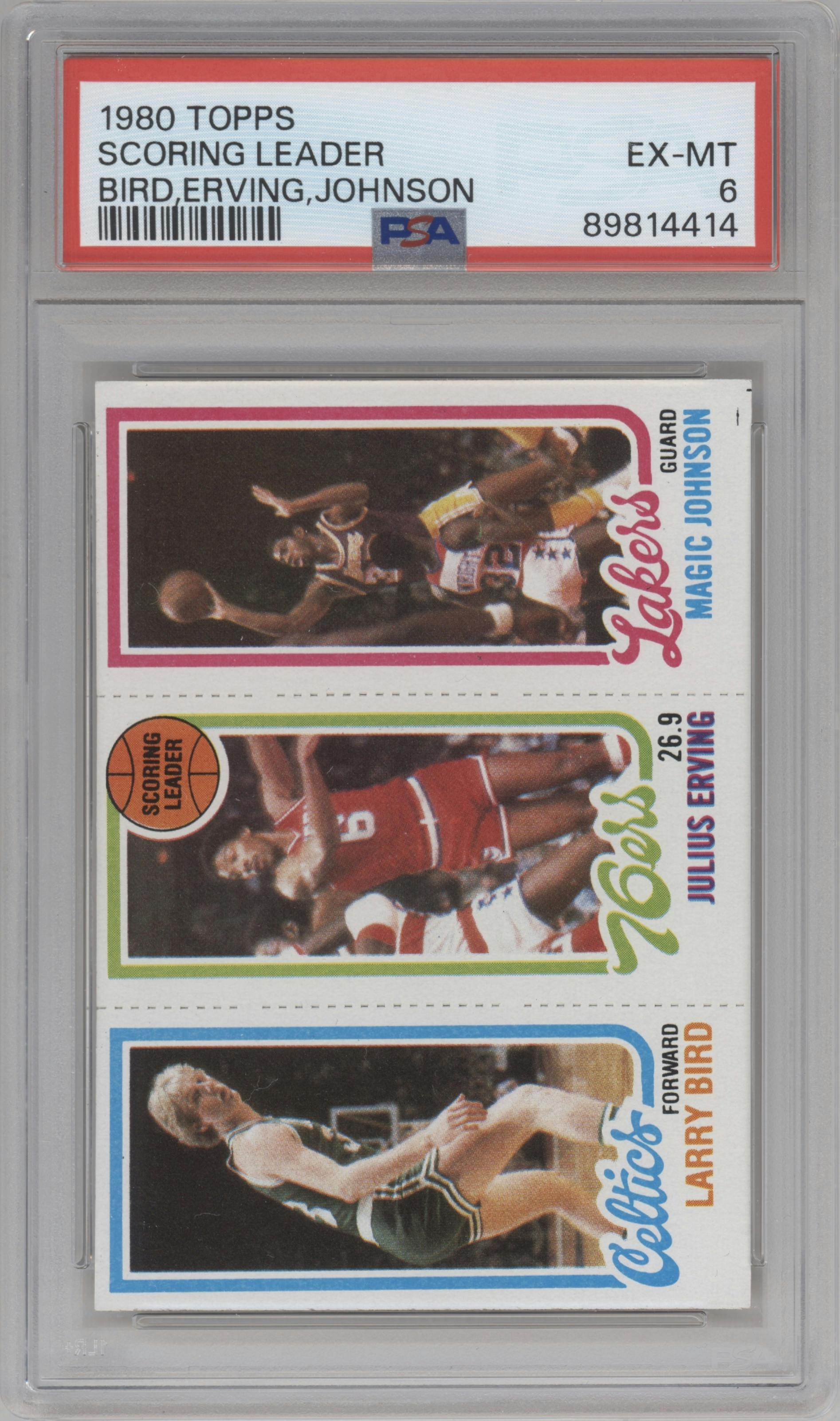 Larry Bird/Julius Erving/Magic Johnson from the 1980-81 Topps set graded by PSA and given an overall grade of 6.