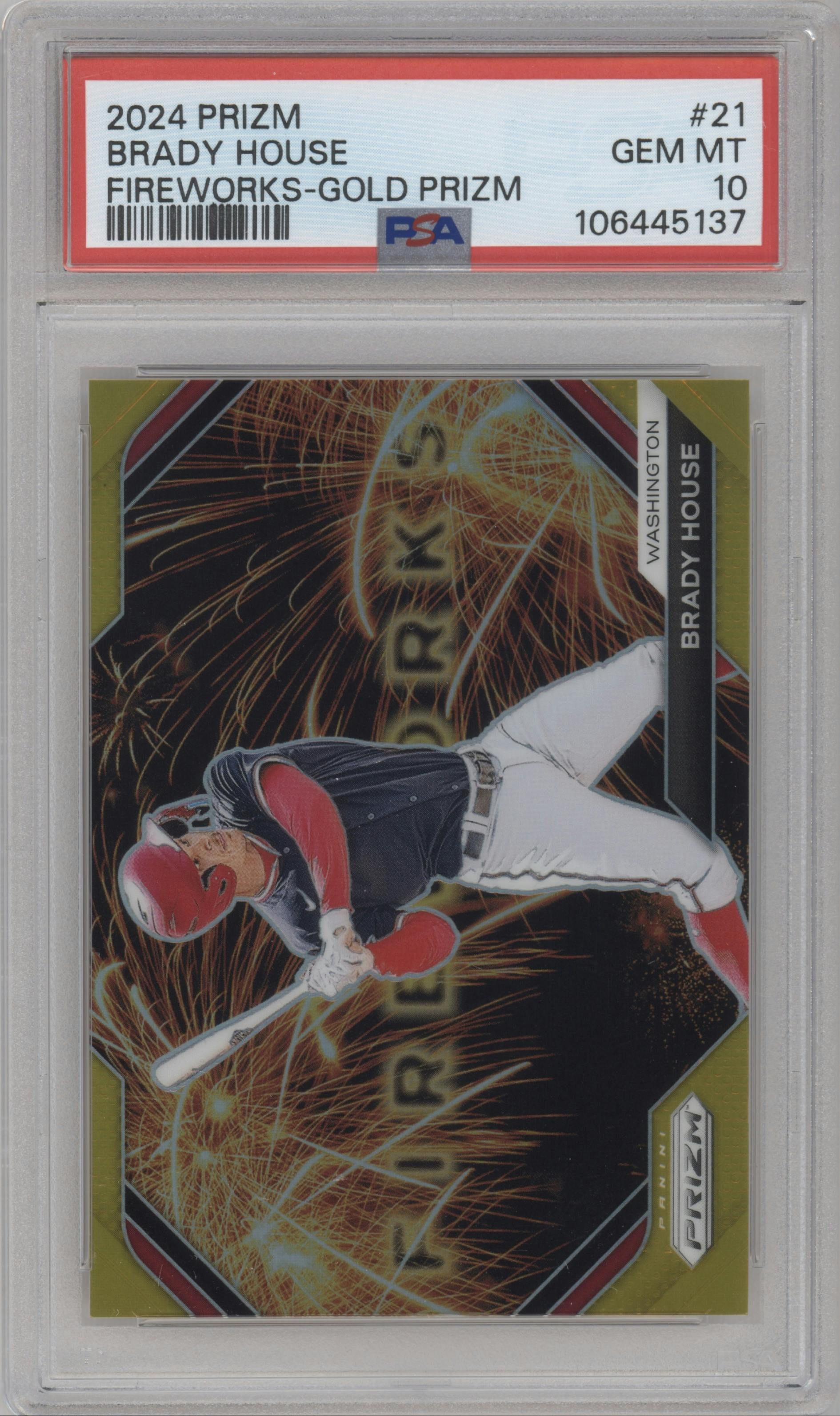 Brady House from the 2024 Panini Prizm set featuring a Gold Prizm parallel graded by PSA and given an overall grade of 10.