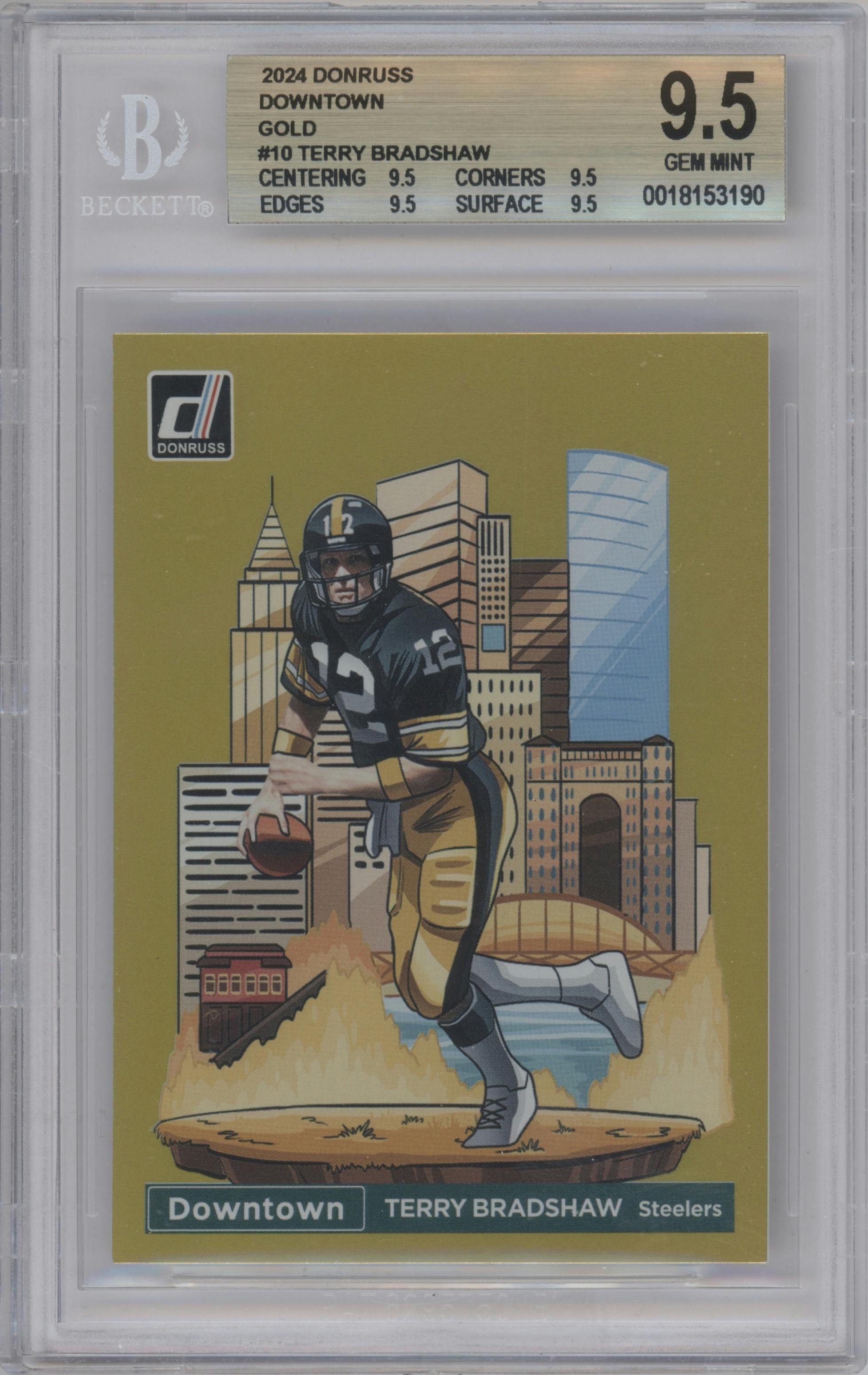 Terry Bradshaw from the 2024 Donruss set featuring a Gold parallel graded by Beckett and given an overall grade of 9.5.