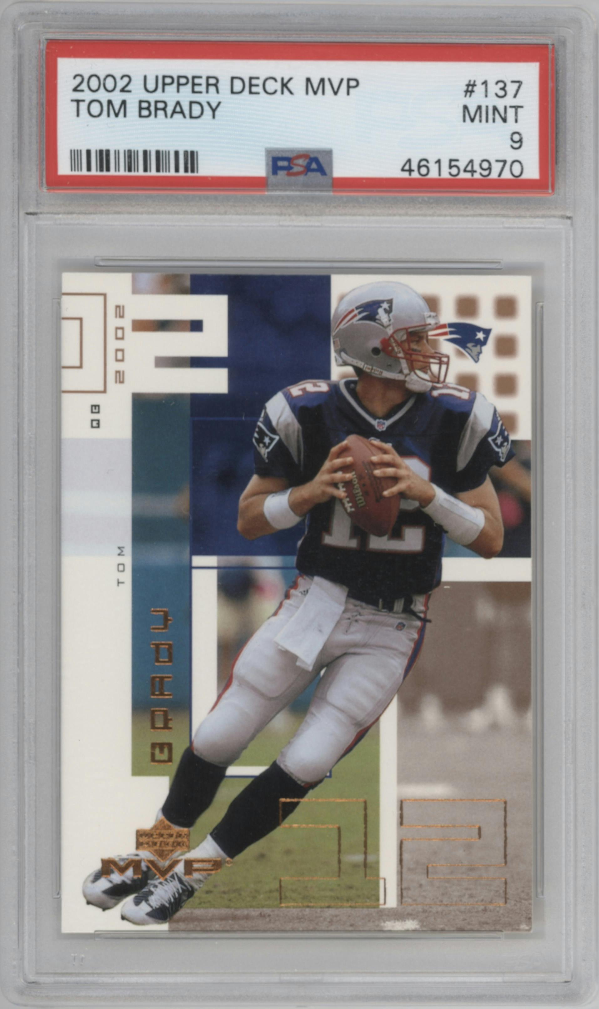 Tom Brady from the 2002 Upper Deck MVP set graded by PSA and given an overall grade of 9.