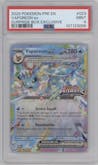 Vaporeon ex from the 2025 Pokemon SV set featuring a Prismatic Evolutions Surprise Box parallel graded by PSA and given an overall grade of 9.