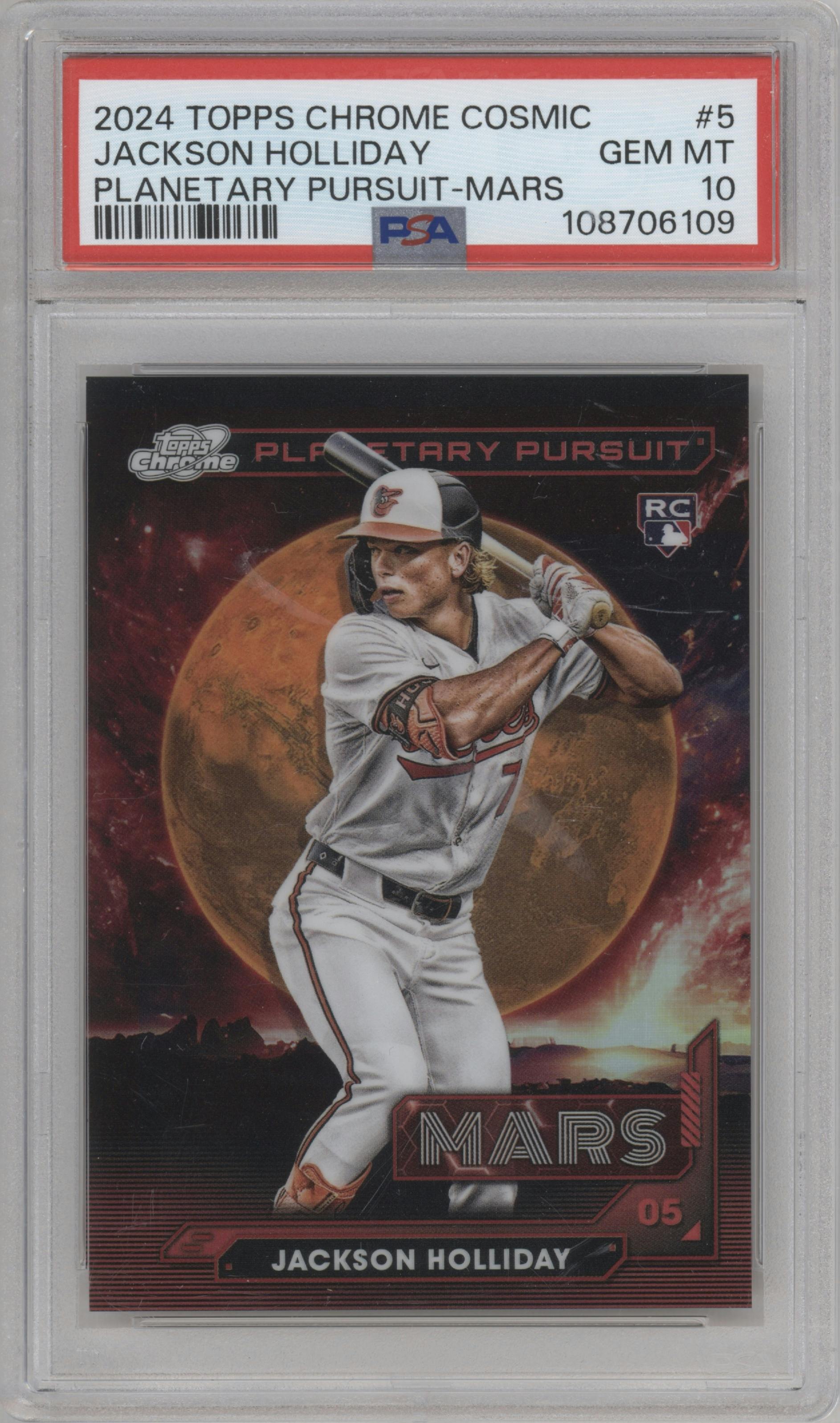 Jackson Holliday from the 2024 Topps Cosmic Chrome set graded by PSA and given an overall grade of 10.