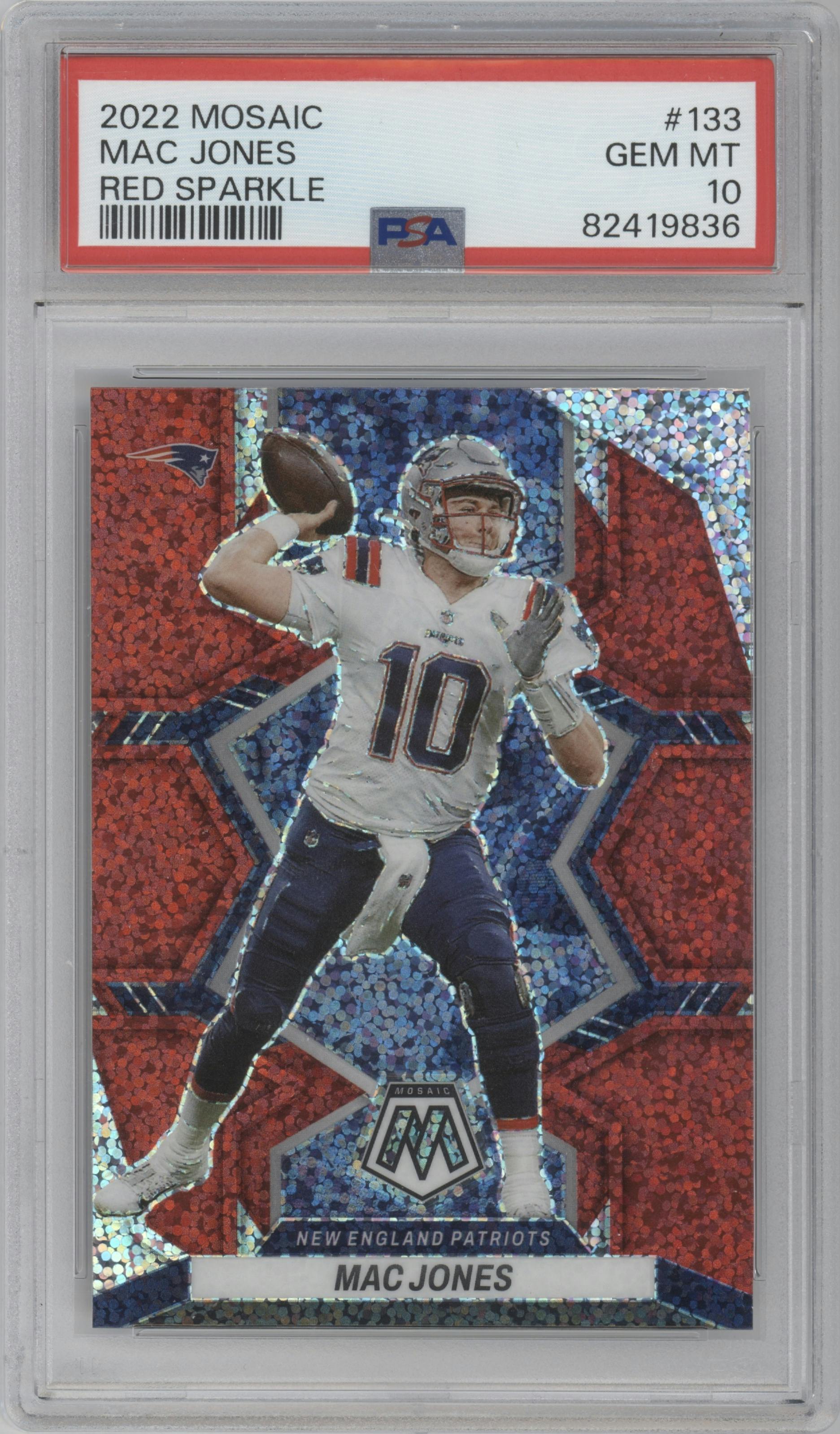 Mac Jones from the 2022 Panini Mosaic set featuring a Red Sparkle parallel graded by PSA and given an overall grade of 10.