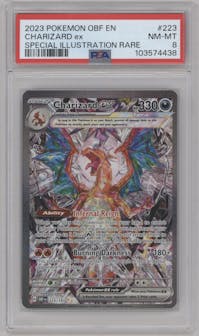 Charizard ex from the 2023 Pokemon SV set graded by PSA and given an overall grade of 8.