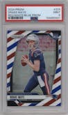 Drake Maye from the 2024 Panini Prizm set featuring a Red/White/Blue Prizm parallel graded by PSA and given an overall grade of 9.