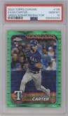 Evan Carter  from the 2024 Topps Chrome set featuring a Green Sonar Refractor parallel graded by PSA and given an overall grade of 10.