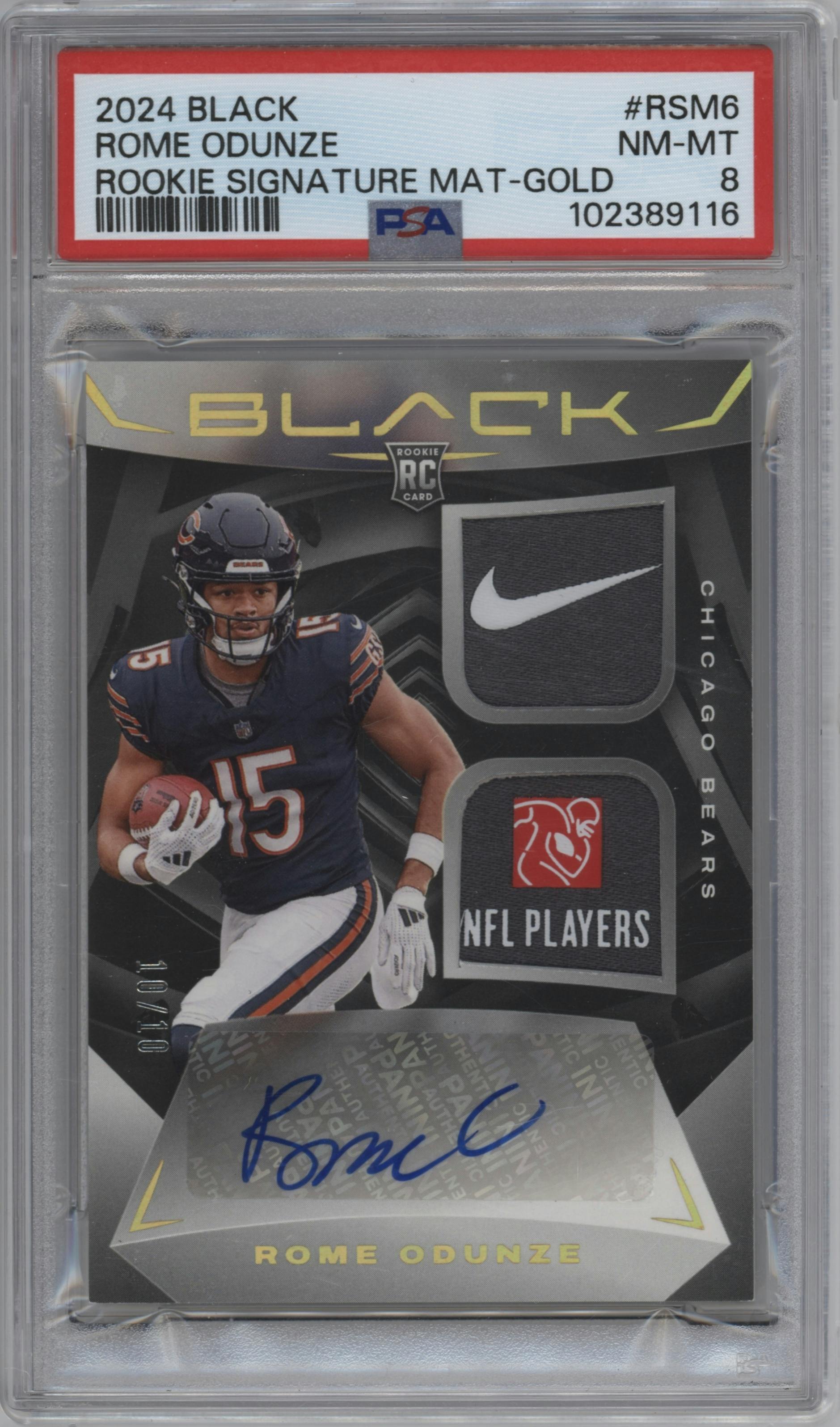 Rome Odunze from the 2024 Panini Black set featuring a Gold parallel graded by PSA and given an overall grade of 8.