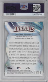 Jackson Holliday from the 2024 Topps Finest set featuring a Purple Refractor parallel graded by PSA and given an overall grade of 9.