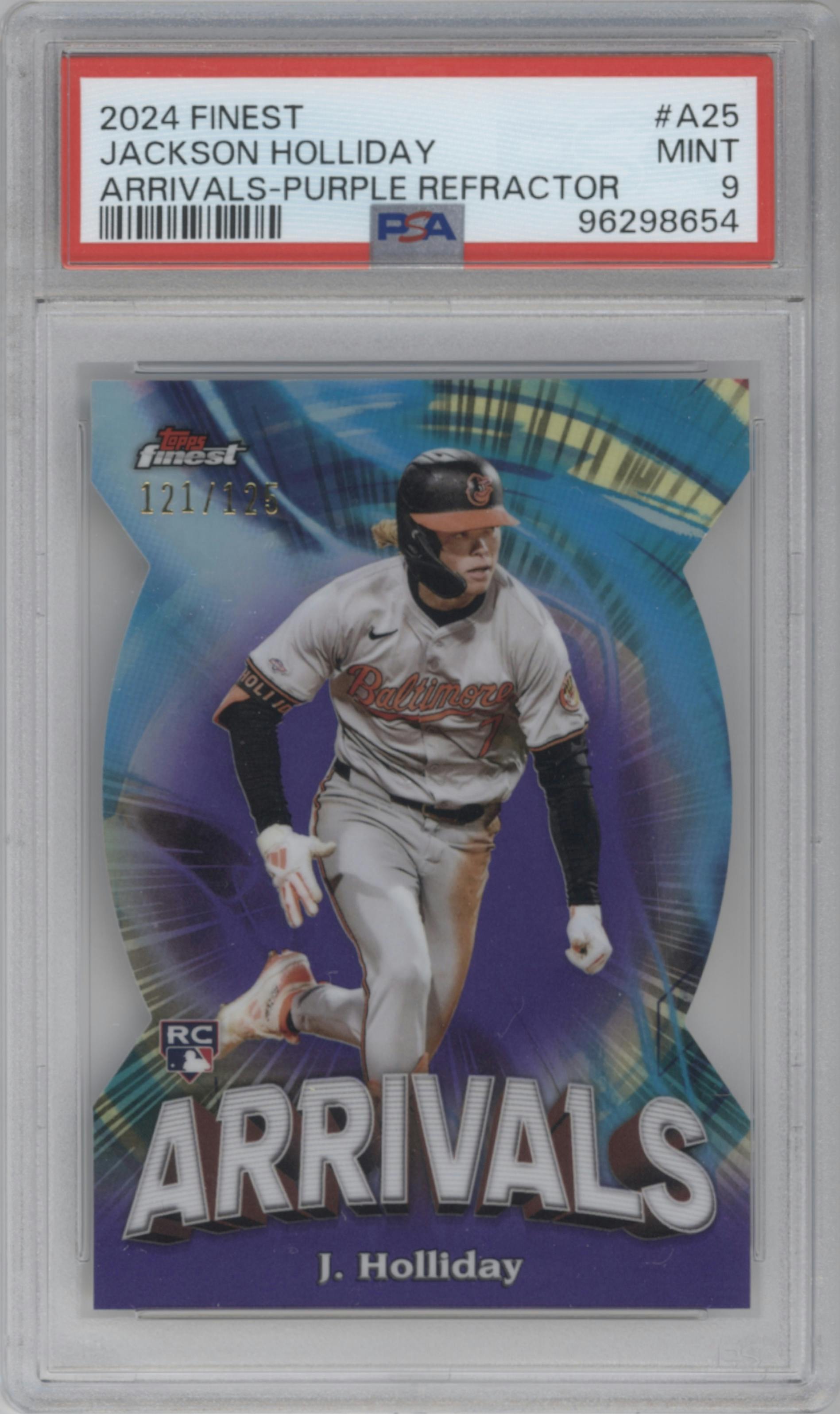 Jackson Holliday from the 2024 Topps Finest set featuring a Purple Refractor parallel graded by PSA and given an overall grade of 9.