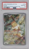 Eevee from the 2025 Pokemon SV set featuring a Prismatic Evolutions Elite Trainer Box parallel graded by PSA and given an overall grade of 10.