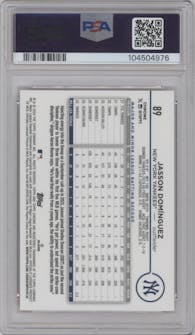 Jasson Dominguez from the 2024 Topps Chrome Logofractor set featuring a Orange Refractor parallel graded by PSA and given an overall grade of 10.