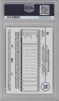 Jasson Dominguez from the 2024 Topps Chrome Logofractor set featuring a Orange Refractor parallel graded by PSA and given an overall grade of 10.