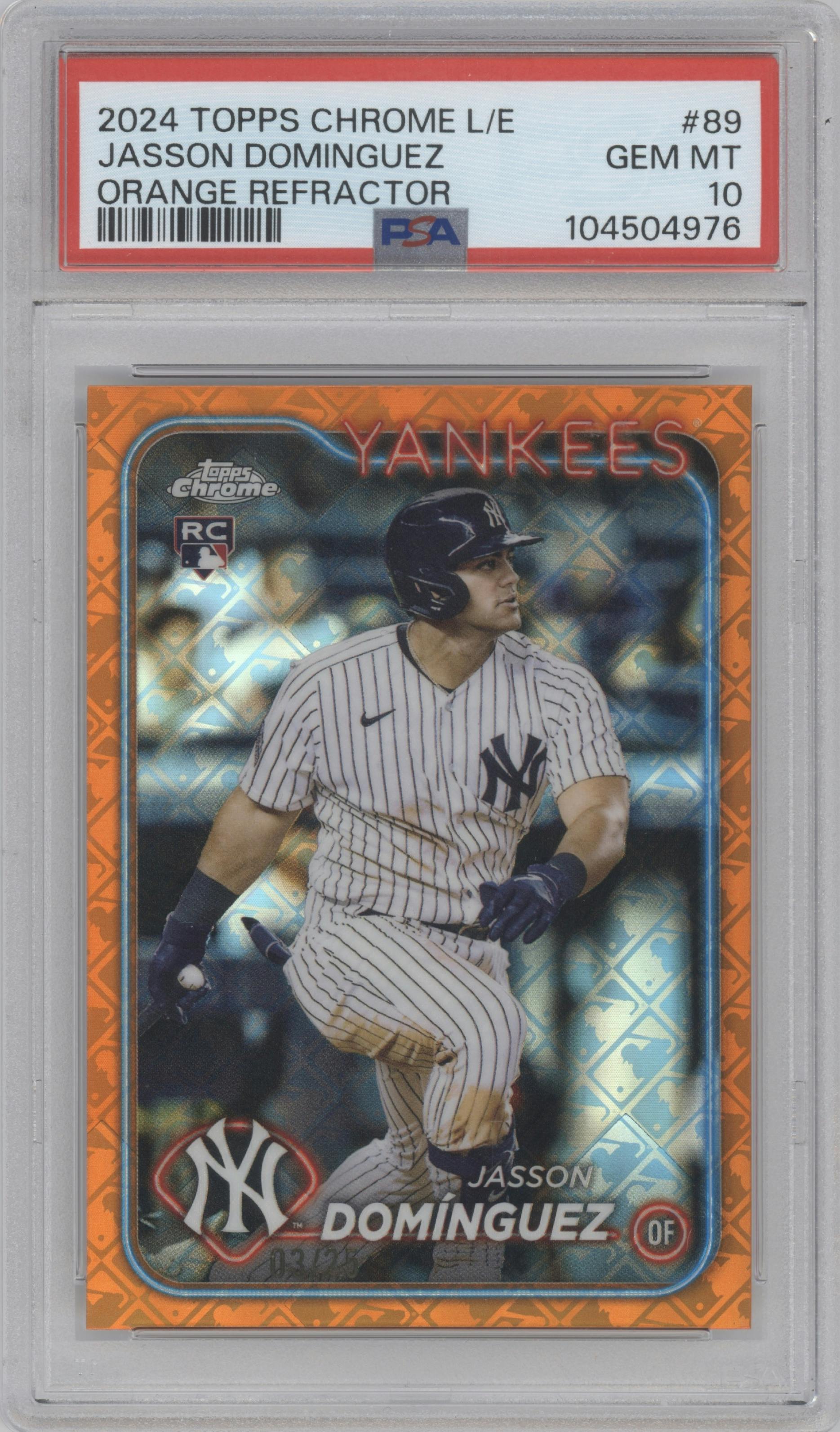 Jasson Dominguez from the 2024 Topps Chrome Logofractor set featuring a Orange Refractor parallel graded by PSA and given an overall grade of 10.