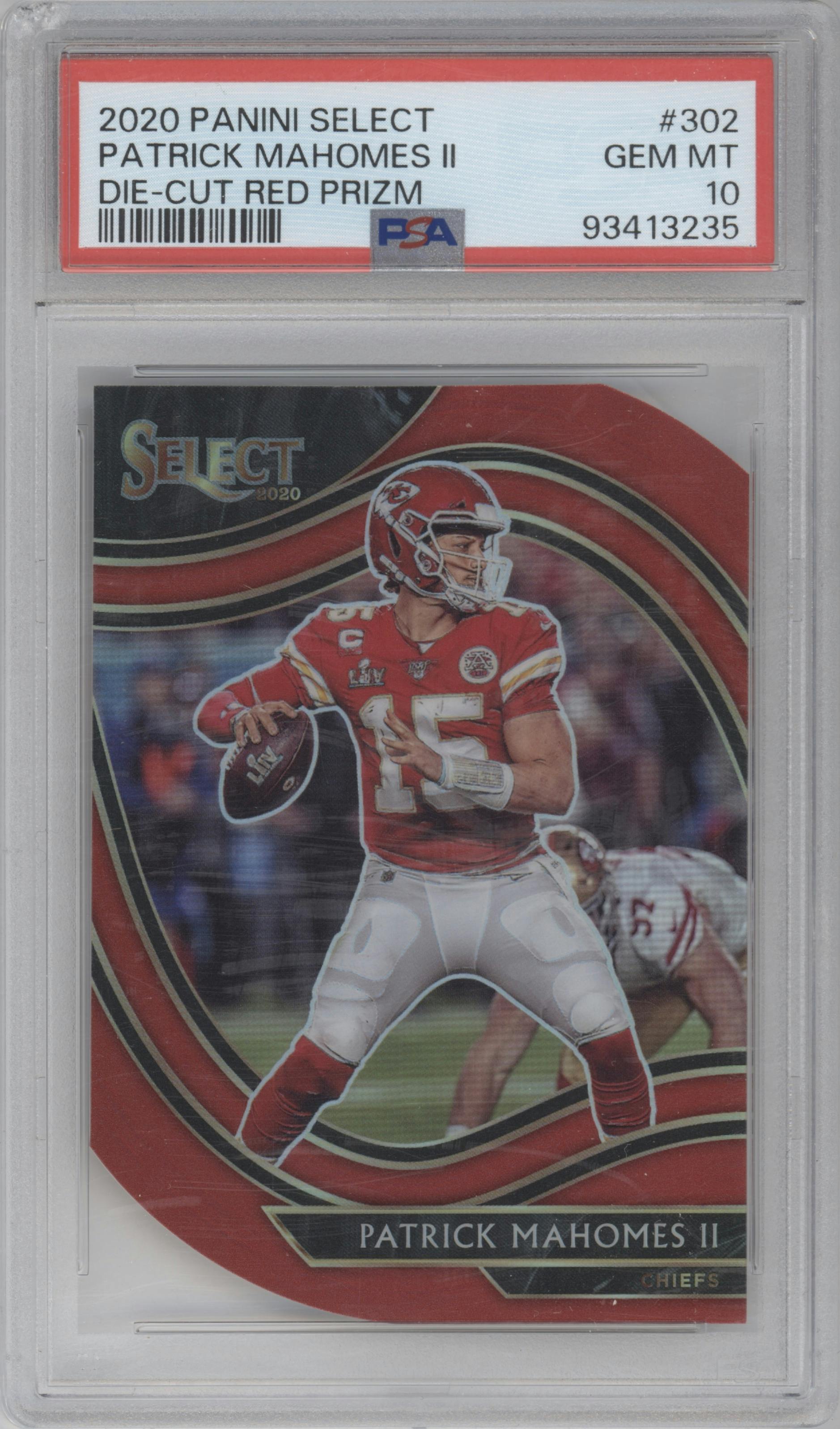Patrick Mahomes II from the 2020 Panini Select set featuring a Die-Cut Red parallel graded by PSA and given an overall grade of 10.