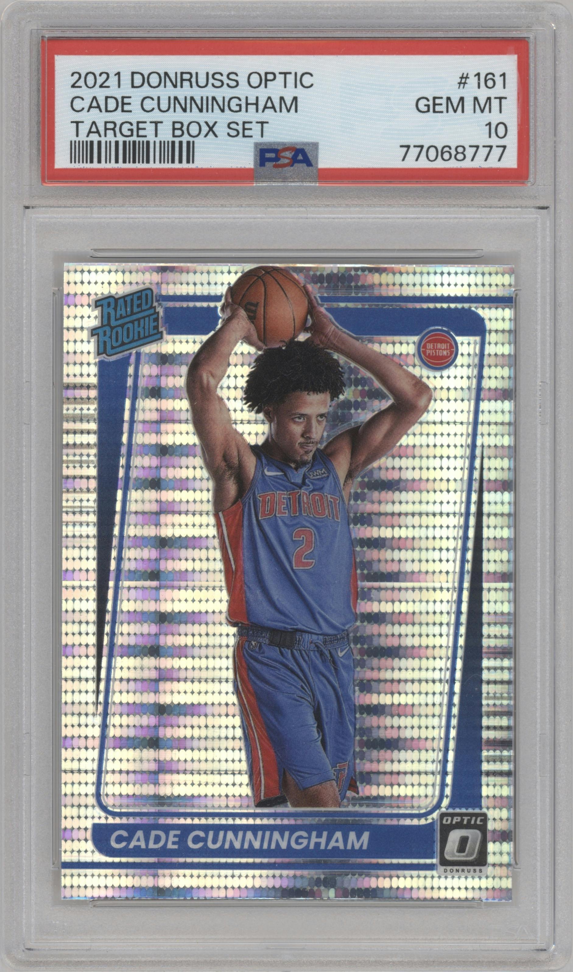 Cade Cunningham from the 2021-22 Panini Donruss Optic set featuring a Target Box Set parallel graded by PSA and given an overall grade of 10.
