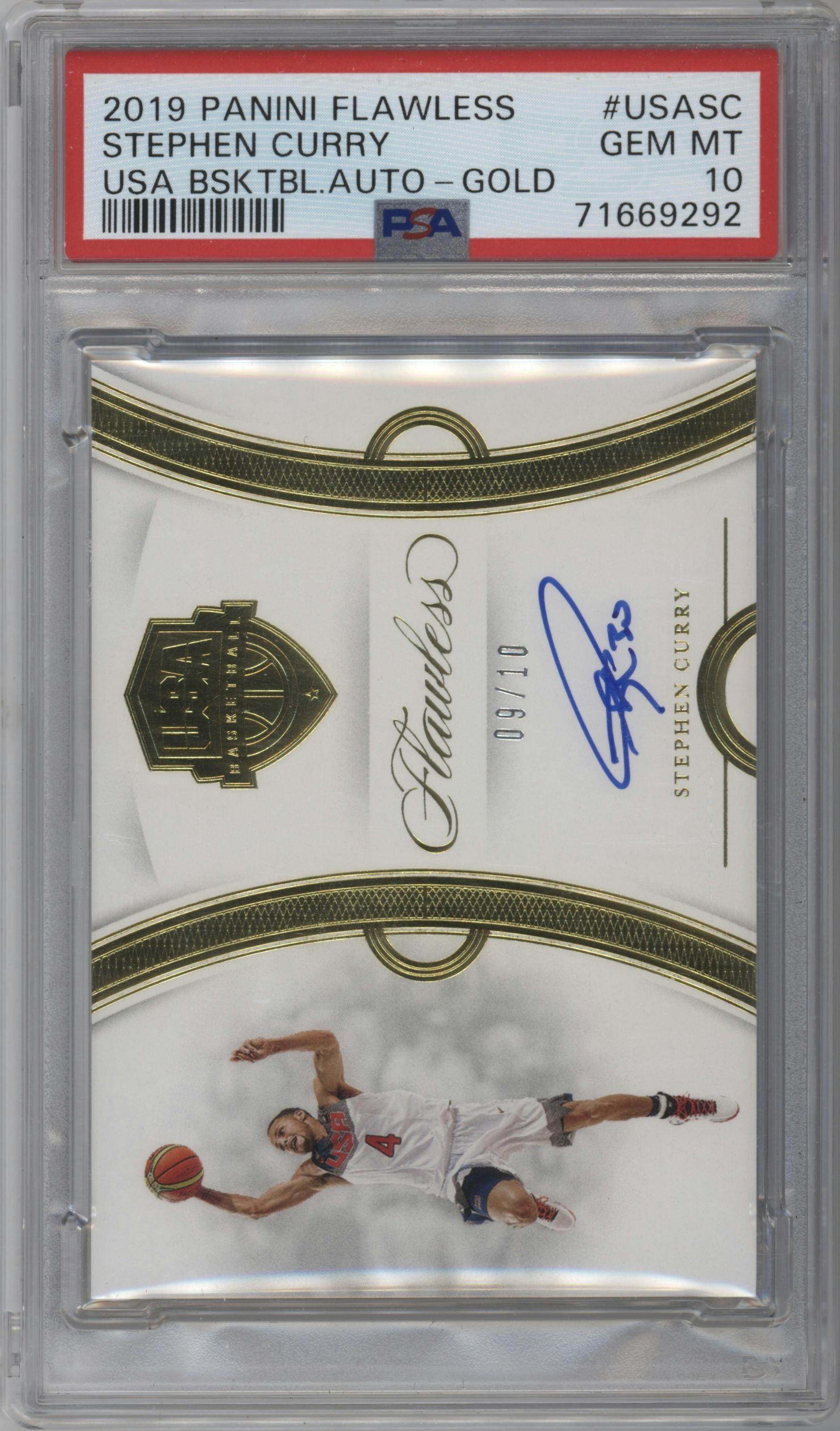 Stephen Curry from the 2019-20 Panini Flawless set featuring a Gold parallel graded by PSA and given an overall grade of 10.
