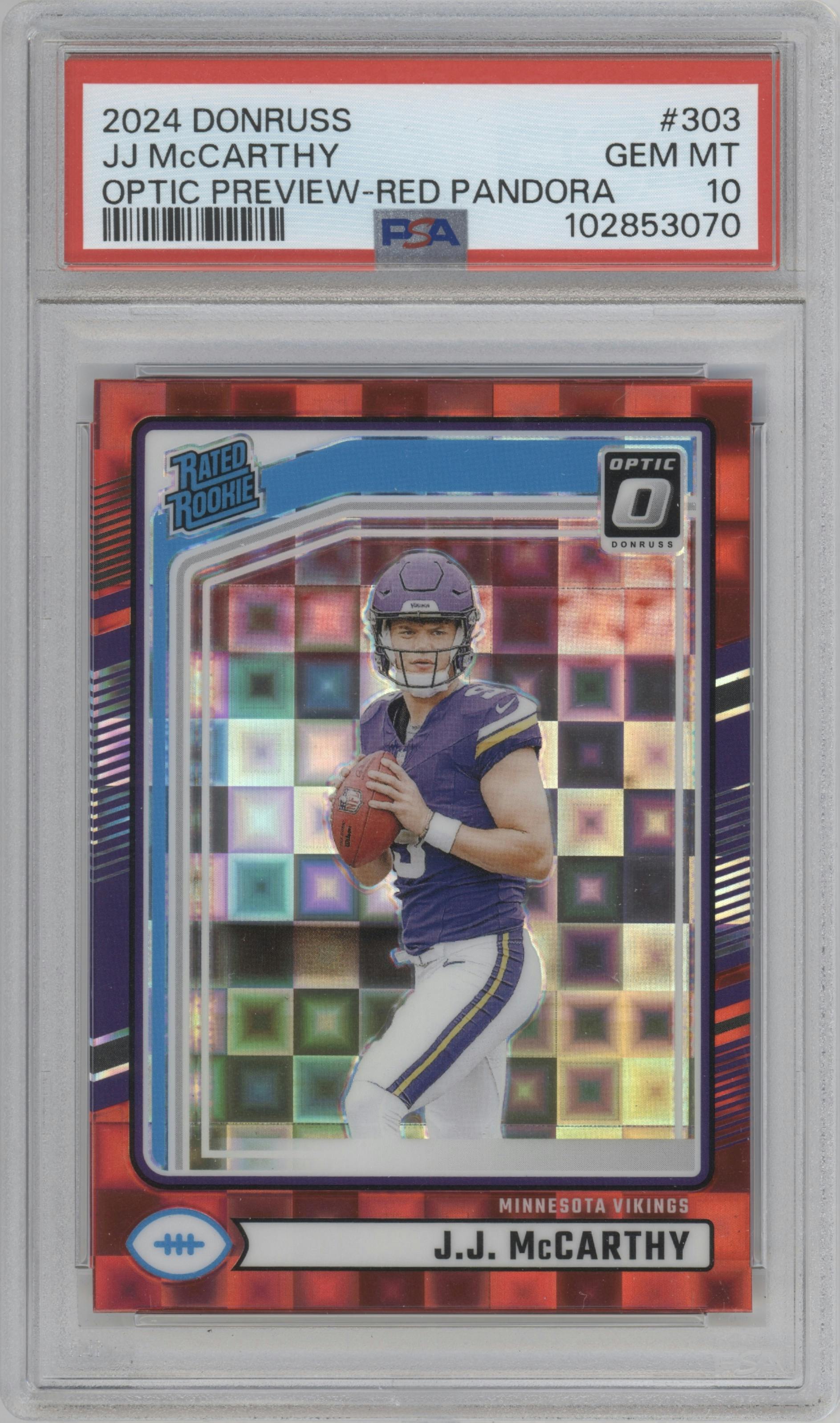 J.J. McCarthy from the 2024 Donruss set featuring a Red Pandora parallel graded by PSA and given an overall grade of 10.