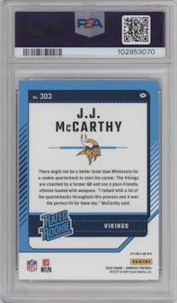 J.J. McCarthy from the 2024 Donruss set featuring a Red Pandora parallel graded by PSA and given an overall grade of 10.