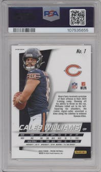 Caleb Williams from the 2024 Panini Prizm set featuring a No Huddle parallel graded by PSA and given an overall grade of 10.