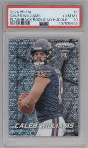 Caleb Williams from the 2024 Panini Prizm set featuring a No Huddle parallel graded by PSA and given an overall grade of 10.