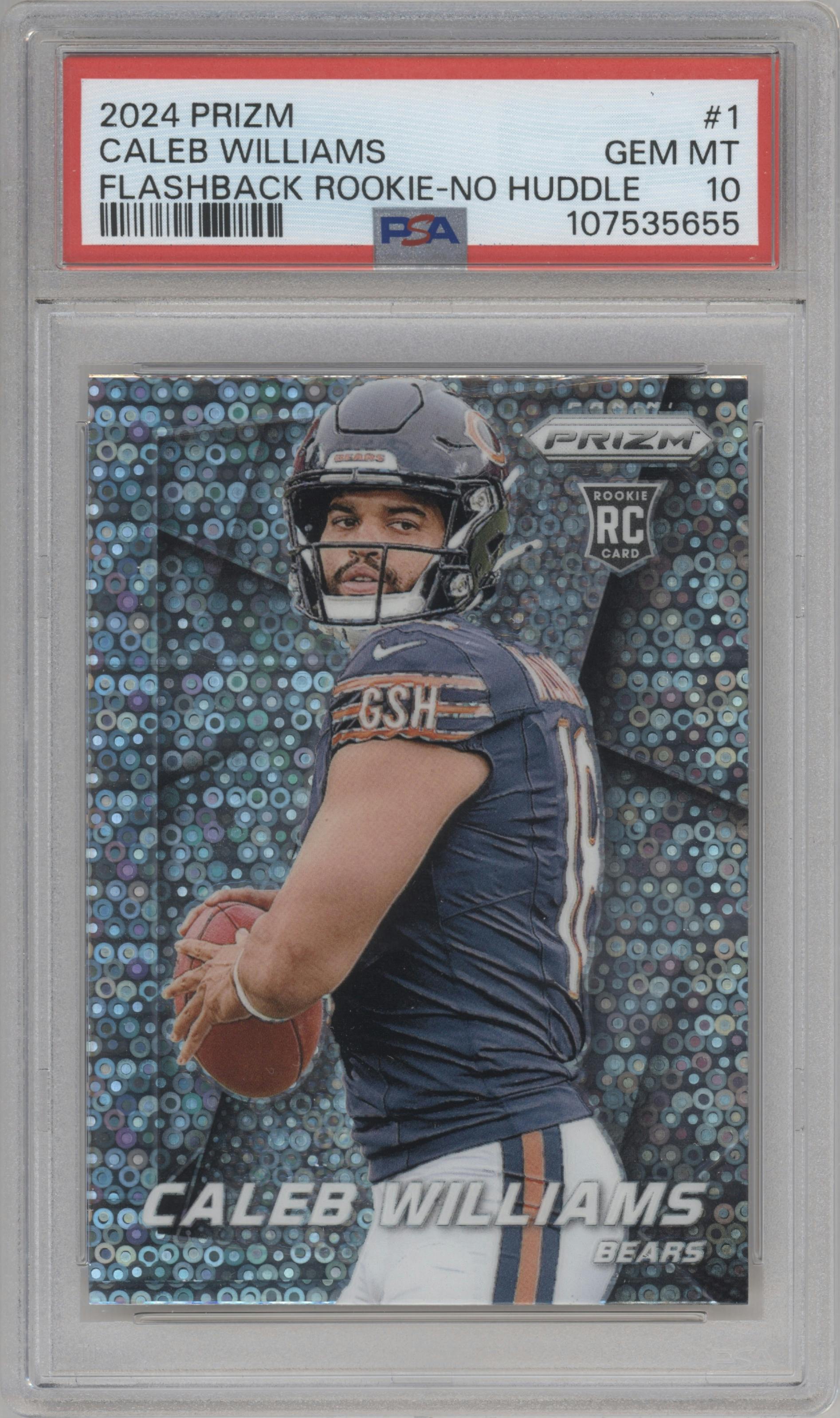 Caleb Williams from the 2024 Panini Prizm set featuring a No Huddle parallel graded by PSA and given an overall grade of 10.