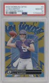 J.J. McCarthy  from the 2024 Donruss Optic set featuring a Gold parallel graded by PSA and given an overall grade of 10.