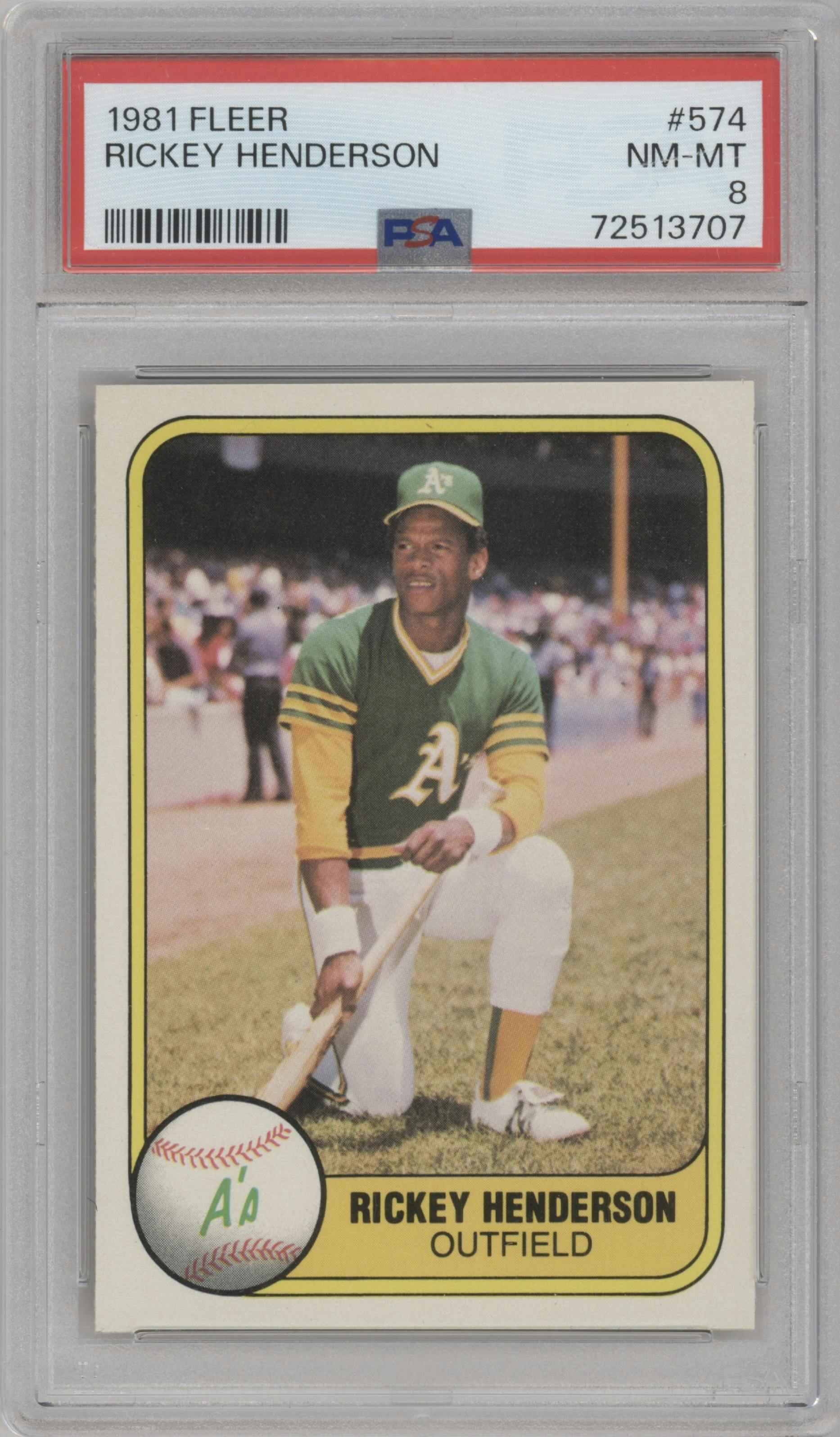 Rickey Henderson from the 1981 Fleer set graded by PSA and given an overall grade of 8.