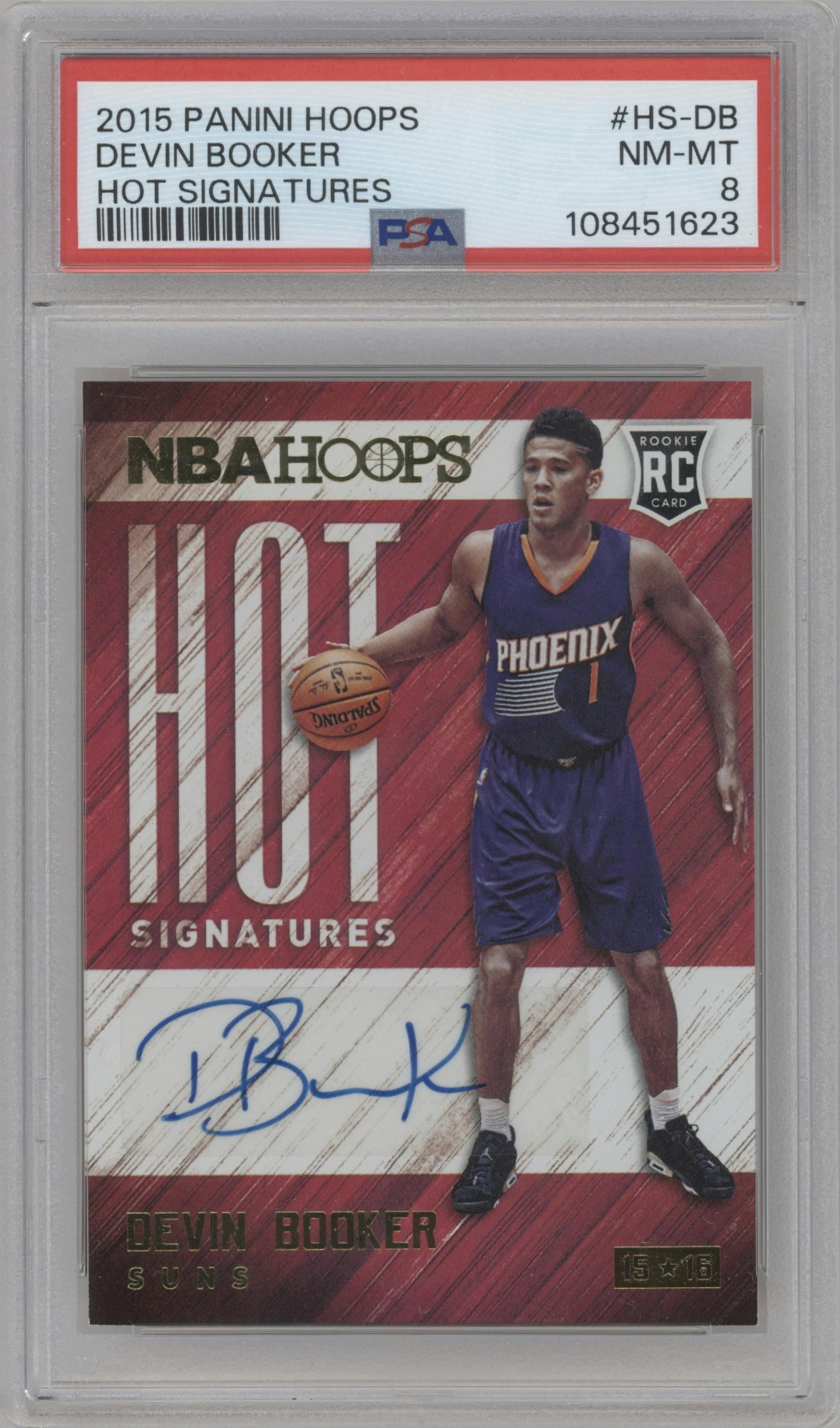 Devin Booker from the 2015-16 Panini NBA Hoops set graded by PSA and given an overall grade of 8.