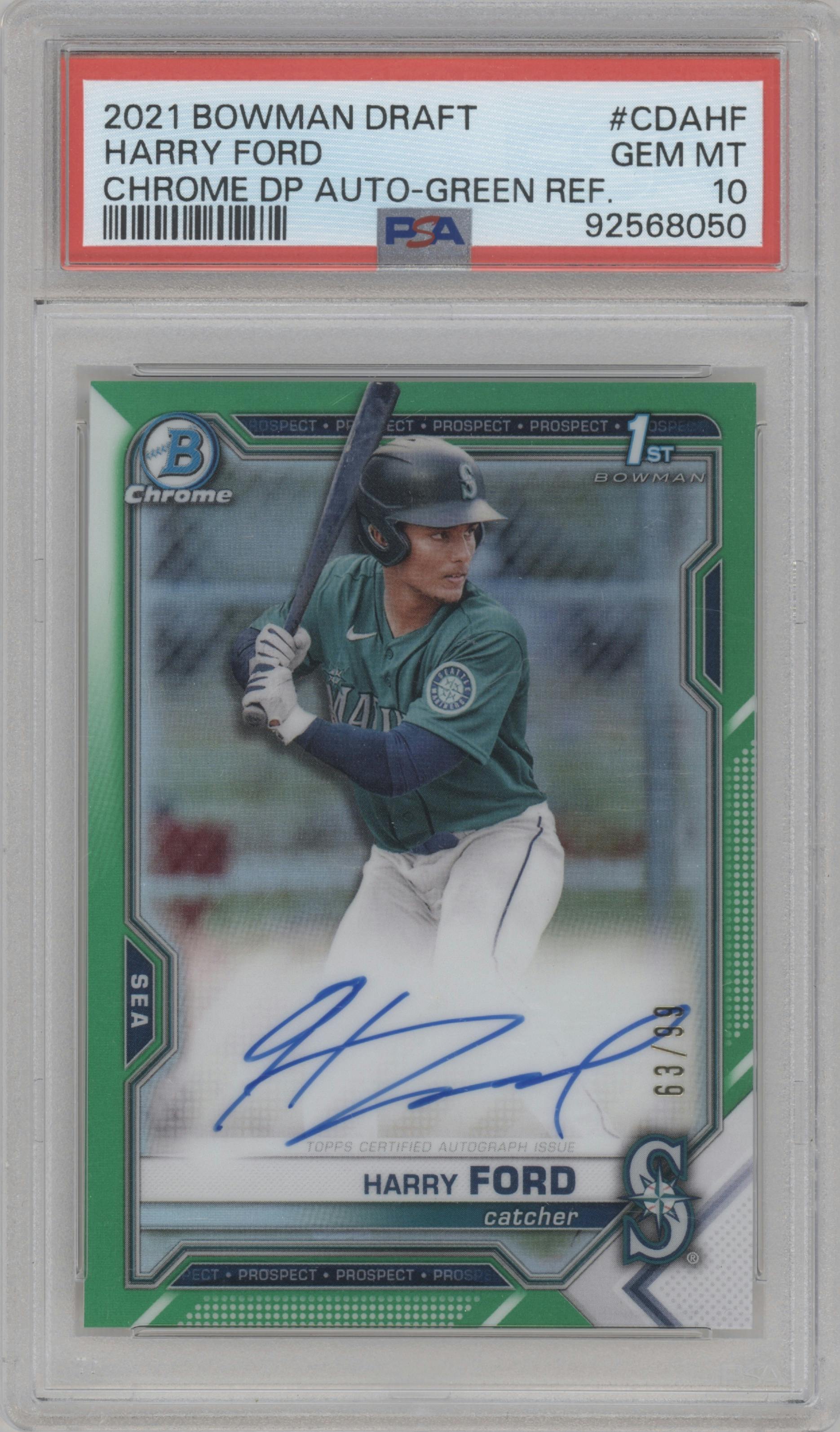 Harry Ford from the 2021 Bowman Draft set featuring a Green Refractor parallel graded by PSA and given an overall grade of 10.