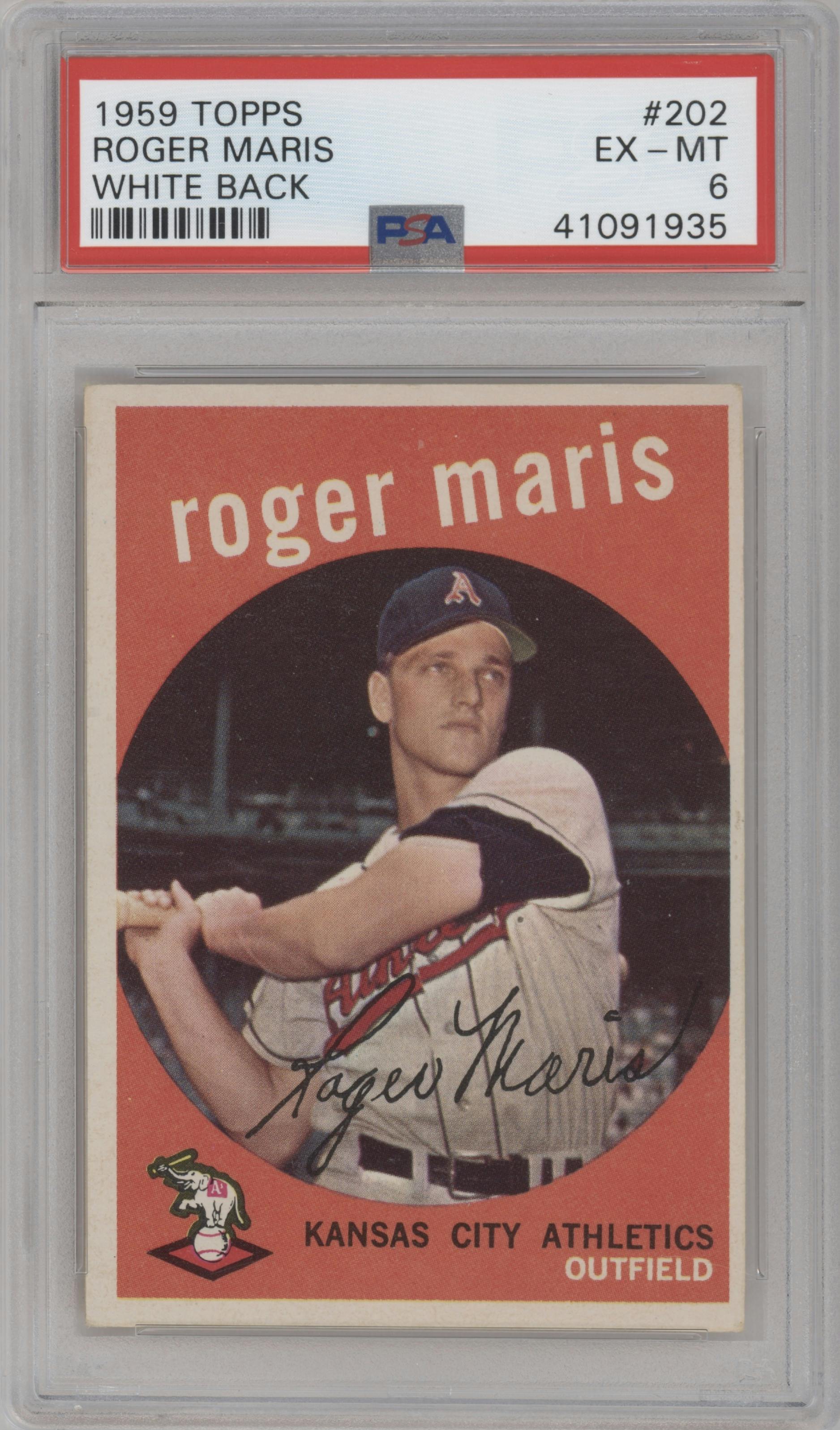 Roger Maris from the 1959 Topps set featuring a White Back parallel graded by PSA and given an overall grade of 6.