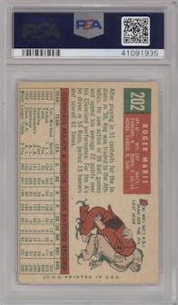 Roger Maris from the 1959 Topps set featuring a White Back parallel graded by PSA and given an overall grade of 6.