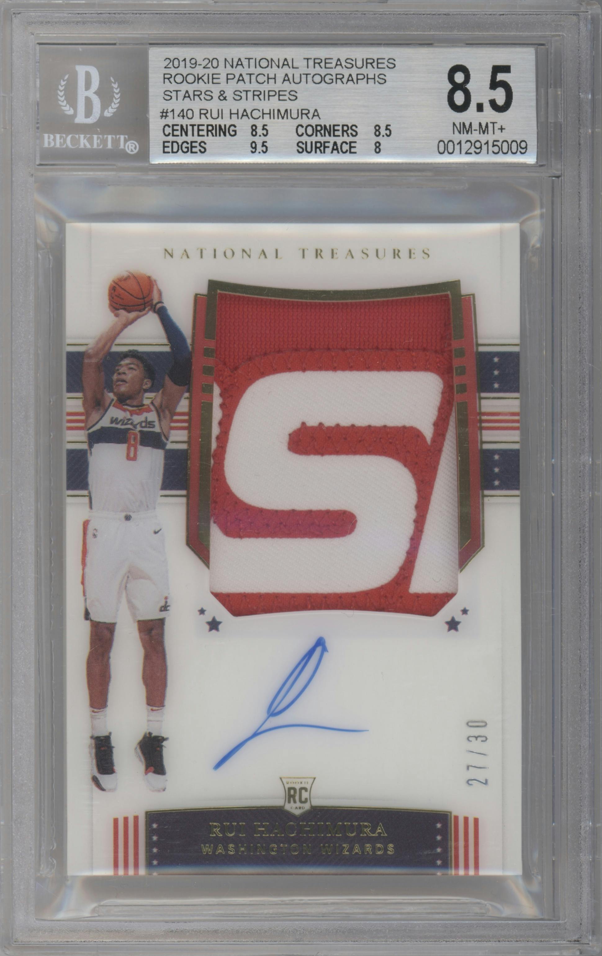 Rui Hachimura from the 2019-20 Panini National Treasures Basketball set featuring a FOTL Stars & Stripes parallel graded by Beckett and given an overall grade of 8.5.