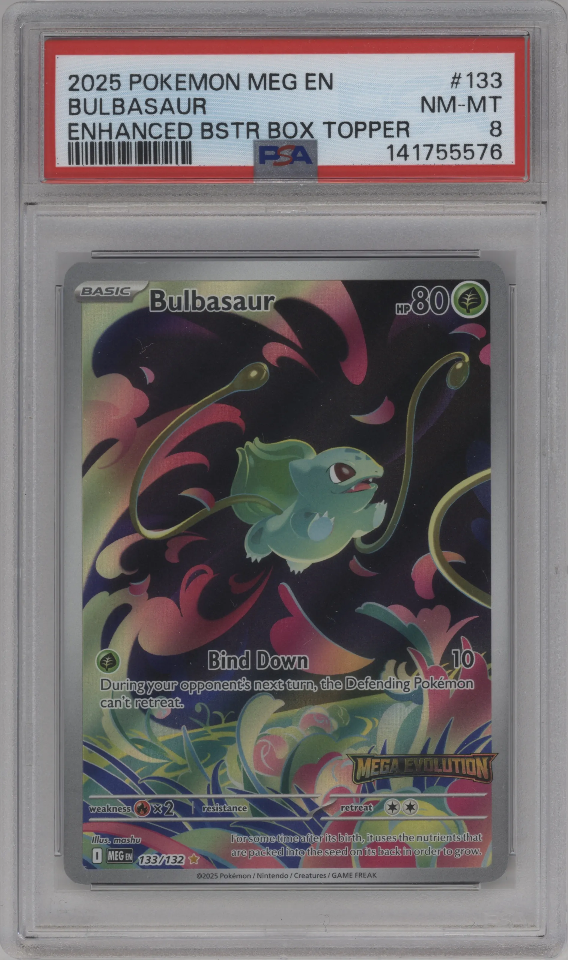 2025 Pokemon Mega Evolution Bulbasaur Enhanced Booster Box Topper #133 PSA 8