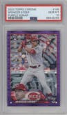 Spencer Steer from the 2023 Topps Chrome set featuring a Purple Sonar Refractor parallel graded by PSA and given an overall grade of 10.