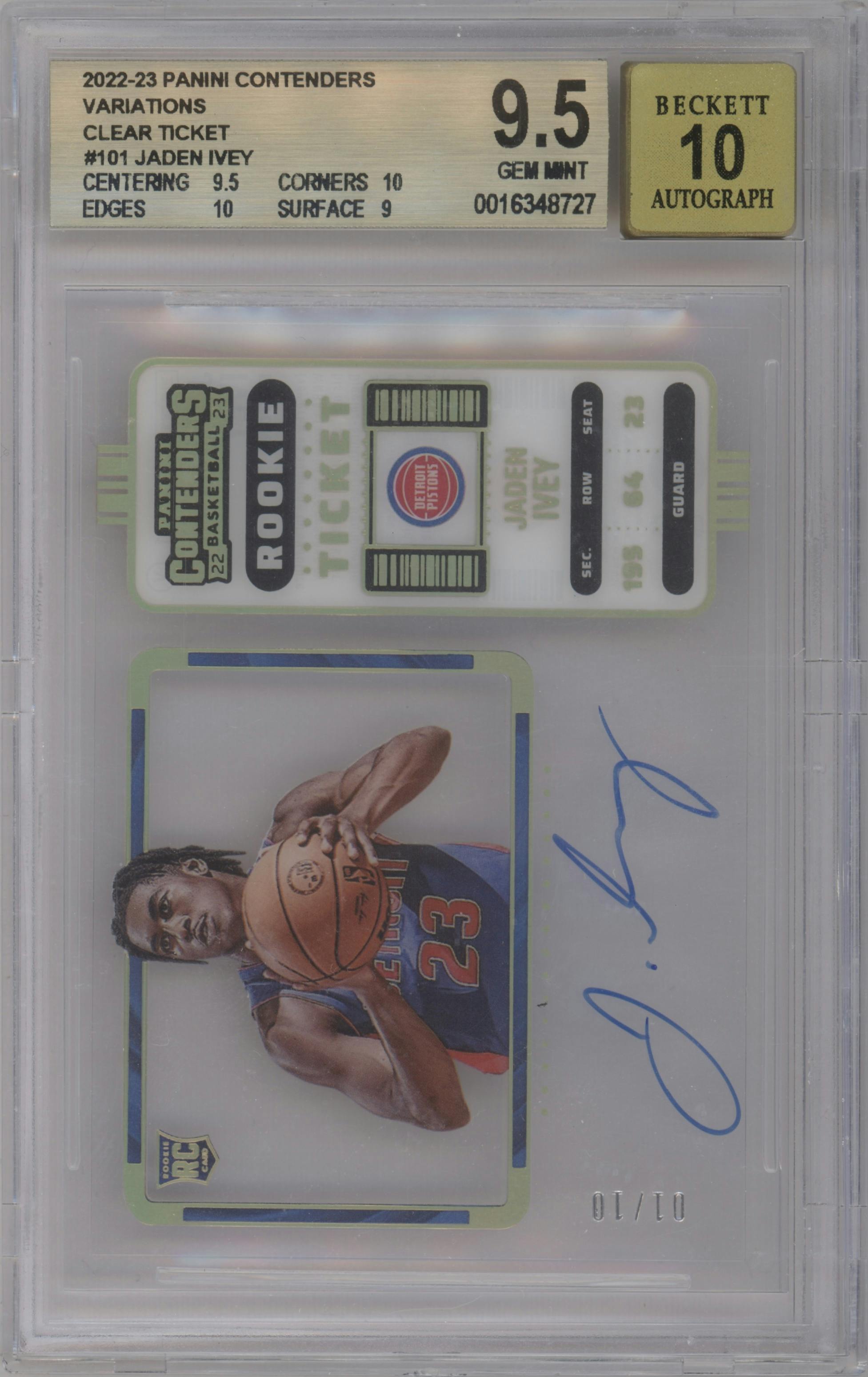 Jaden Ivey from the 2022-23 Panini Contenders set featuring a Clear Ticket parallel graded by Beckett and given an overall grade of 9.5.
