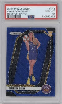 Cameron Brink from the 2024 Panini Prizm WNBA set featuring a Blue Velocity parallel graded by PSA and given an overall grade of 10.